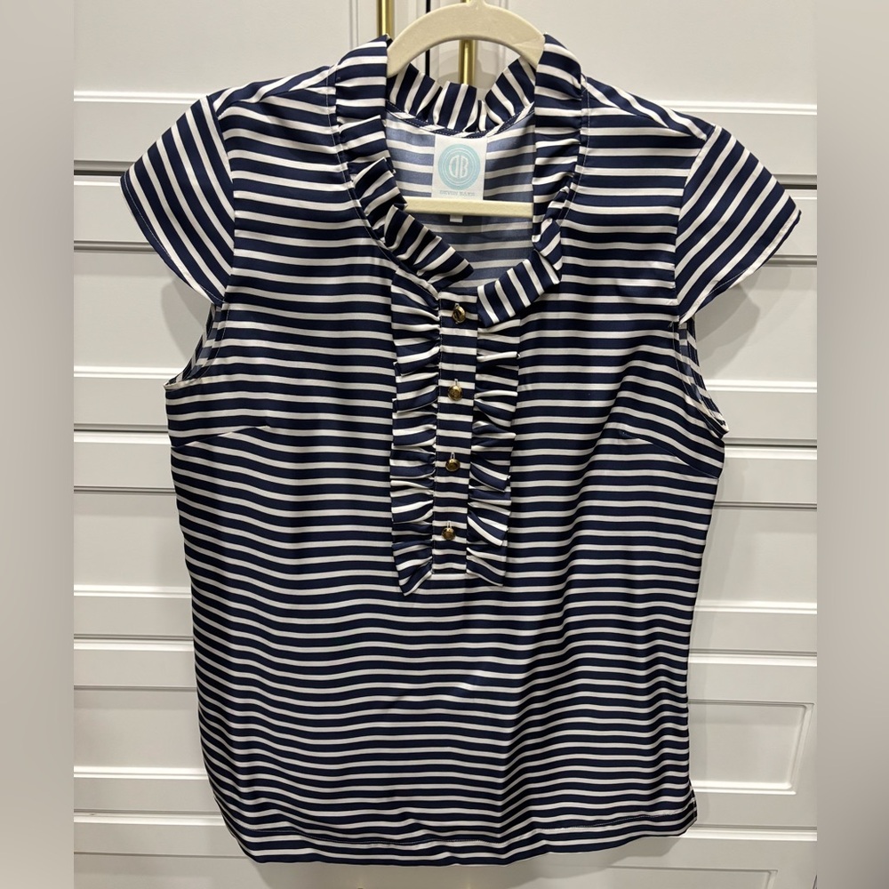 Like new Devon Baer Navy Striped Blouse with Ruffle Accents. Size large